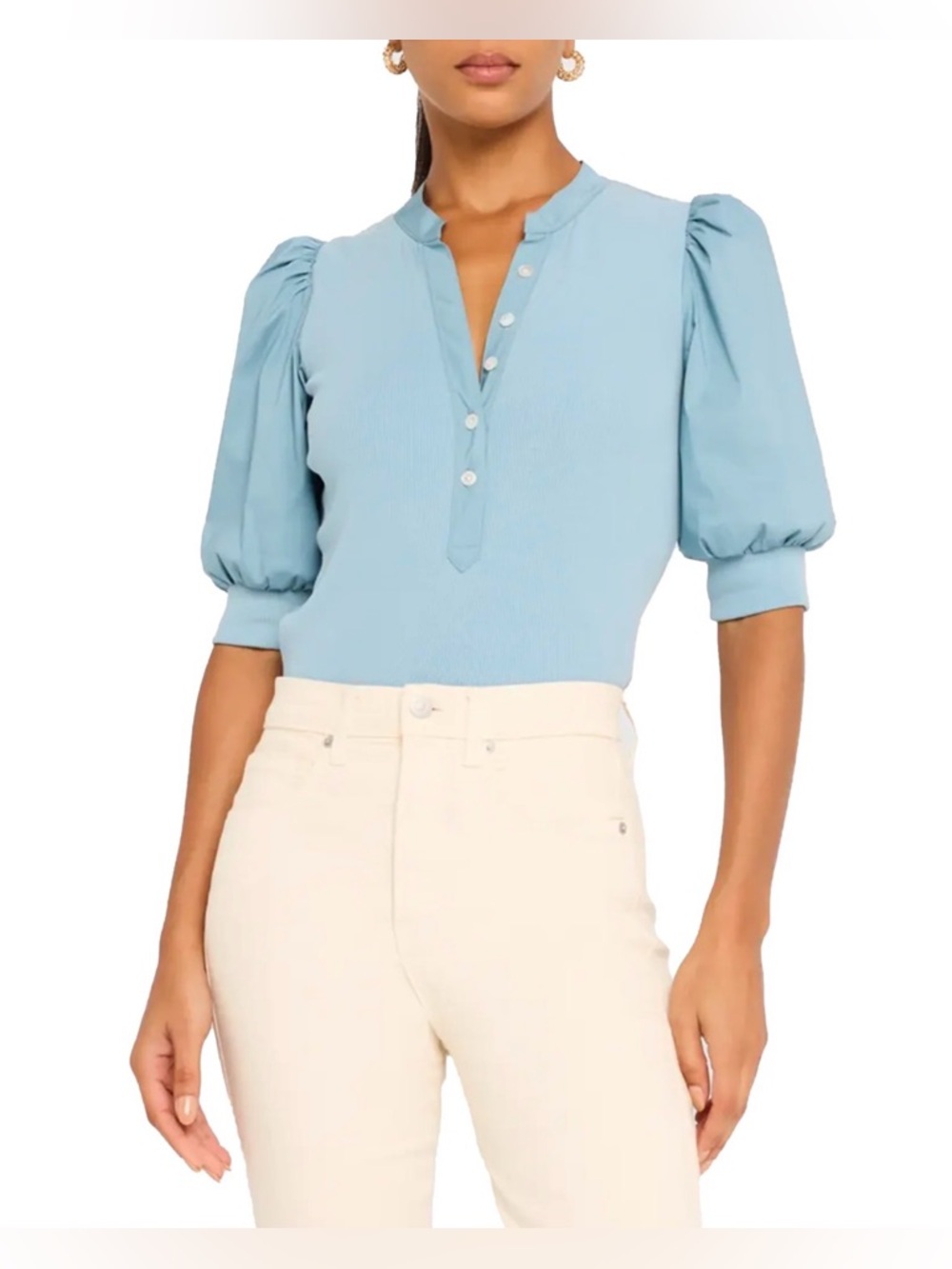 Veronica Beard Coralee Puff Sleeve Mixed Media Henley Top Shirt Lake Blue, Small